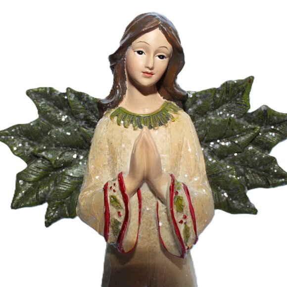 Pair Of Resin Holly Winged Christmas Angel Statues 12" Tall - Picture 2 of 16